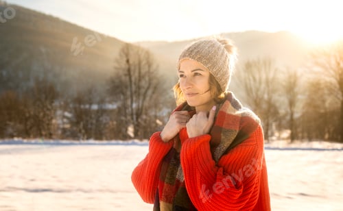 Preview: Winter portrait outdoor beautiful woman wearing woolen sweater hat and scarf