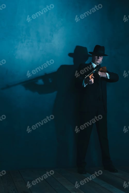 Preview: Retro Gangster In Hat Shoots With Machine Gun.