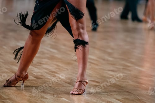 Preview: feet female dancer in brown dancing shoes, dancesport competition, pasodoble dance