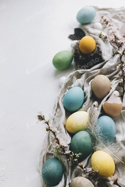 Preview: Happy Easter! Stylish rustic Easter flat lay with space for text