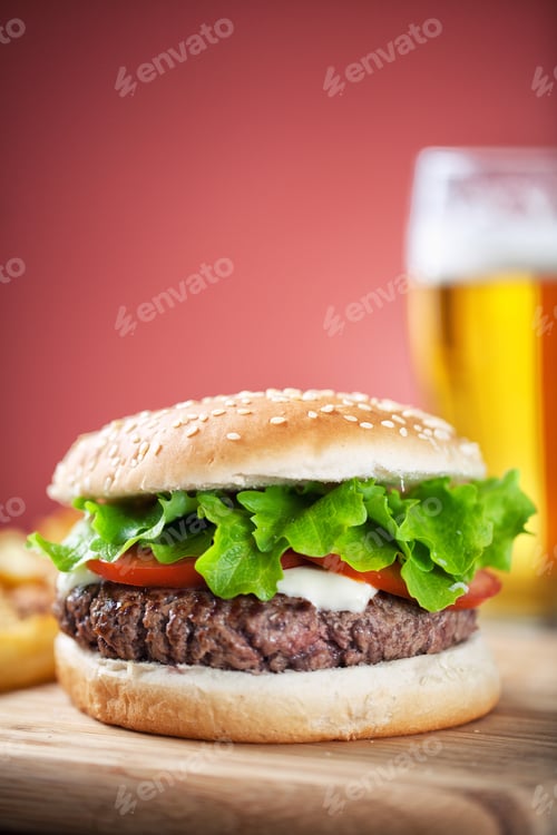 Preview: Big sandwich. Hamburger burger with beef, tomato, cheese and salad.