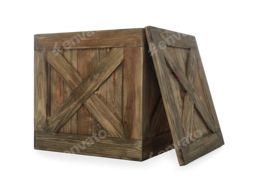 Preview: Old open wooden crate with lid isolated on white
