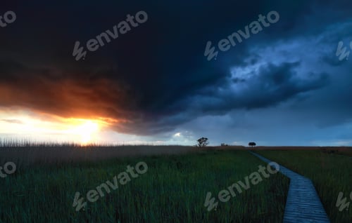 Preview: stormy sky over wooden path at sunset
