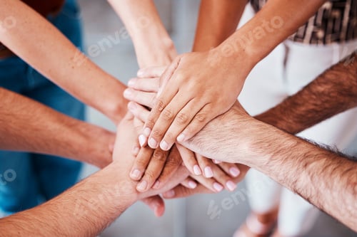 Preview: Top view, hands and together to connect, for support and solidarity and team building for success,