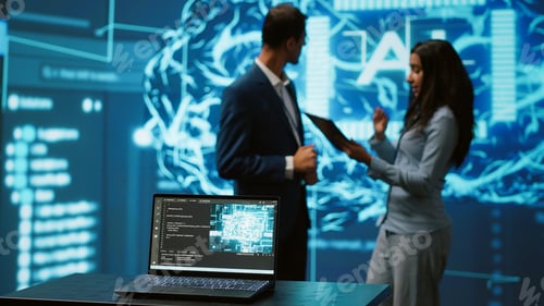 Vista previa: Primer plano del portátil utilizado por los empleados que desarrollan sistemas de inteligencia artificial en una empresa tecnológica