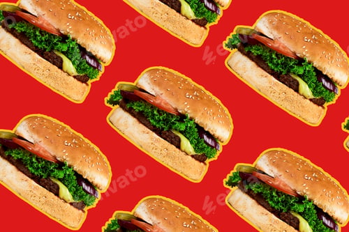 Preview: Burgers pattern on red background, minimal junk food concept,