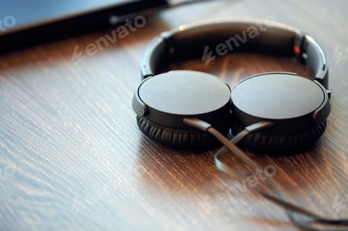 Preview: Headphones on office table. Headphones connected to laptop, copy space. Listening to music at work