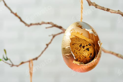 Preview: Colored Easter eggs hanging on dry branches. Easter concept
