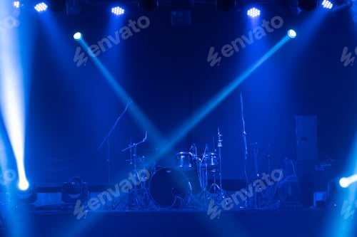 Preview: Empty stage concert with lighting laser beam spotlight show in disco pub club bar for party music