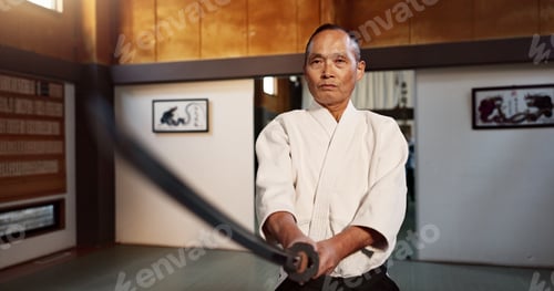 Preview: Fitness, sword or sensei martial arts in dojo for practice routine, aikido movement or self defense