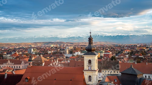 Preview: Panoramic view of Sibiu, Romania with Carpathian Mountains