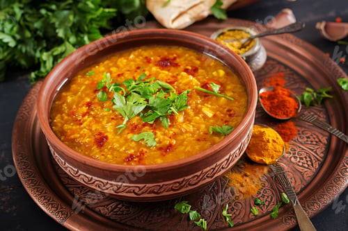 Preview: Indian Dhal spicy curry in bowl, spices, herbs, rustic black wooden background.
