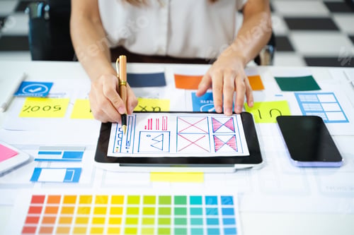Preview: UX developer and ui designer brainstorming about mobile app interface wireframe design