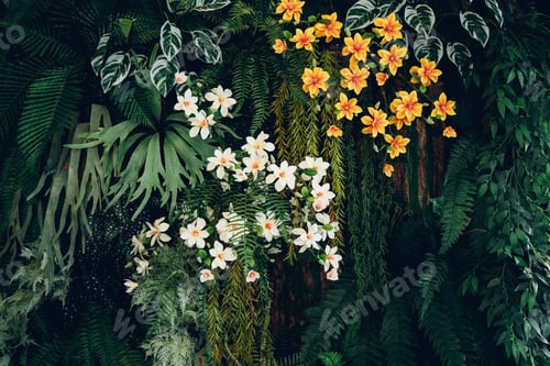 Preview: Close up group of background tropical green leaves texture and abstract background.