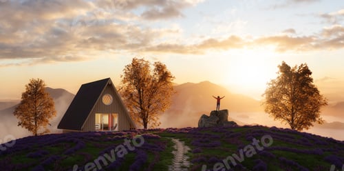 Preview: A-frame Cabin home on top of a mountain with beautiful view. Adventure Woman Standing