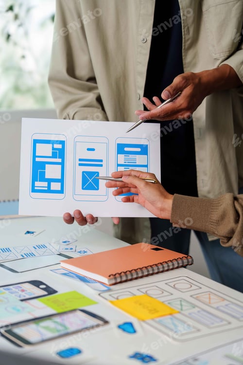 Preview: Collaborative UI/UX Design. Team analyzing mobile app wireframes and layouts.