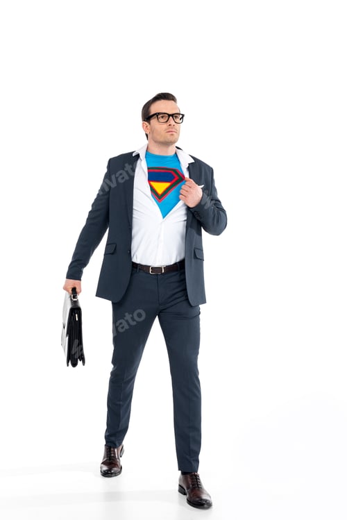 Preview: confident businessman in eyeglasses holding briefcase and wearing superhero costume under suit