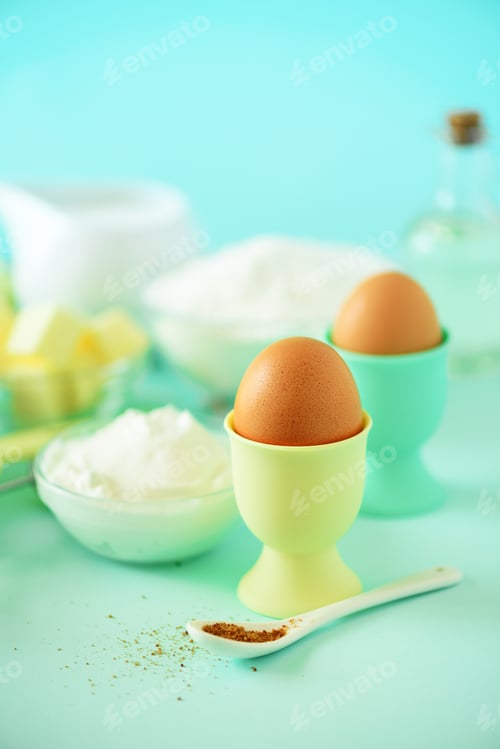 Preview: Healthy baking ingredients - butter, sugar, flour, eggs, oil, spoon, rolling pin, brush, whisk, milk