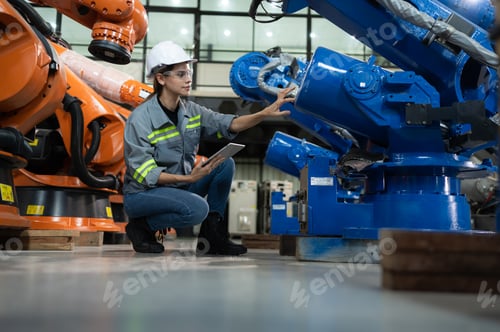 Preview: A female engineer installs a program on a robotics arm in a robot warehouse.