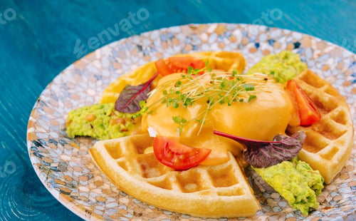 Preview: belgian waffles with poached egg and avocado