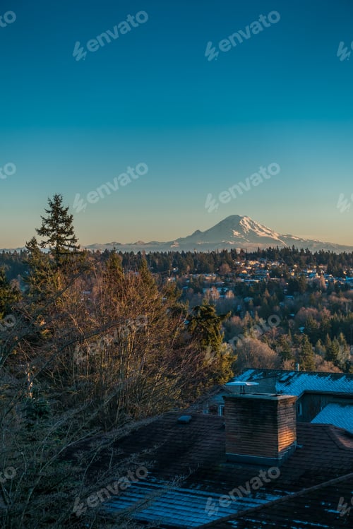 Preview: A View Of Mount Rainier On A Clear Winter Day With Homes In The Foreground. Shot Taken From Burien