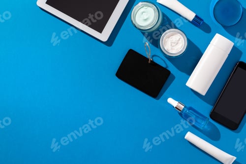 Preview: Skin care cosmetics protecting from gadgets blue light on blue background