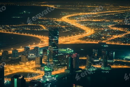 Preview: Dubai downtown night scene with city lights. Top view