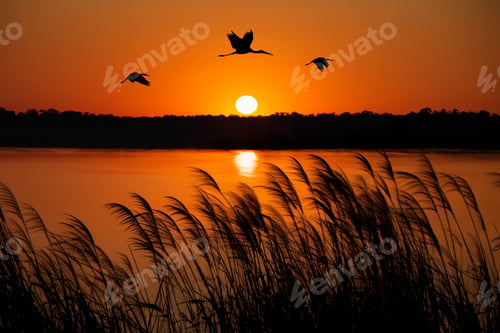 Preview: Yellow-billed storks flying over the Okavango Delta in Botswana at sunset