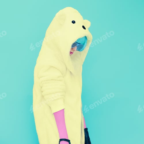 Preview: Teddy bear crazy girl in a bright hoodie on a blue background co