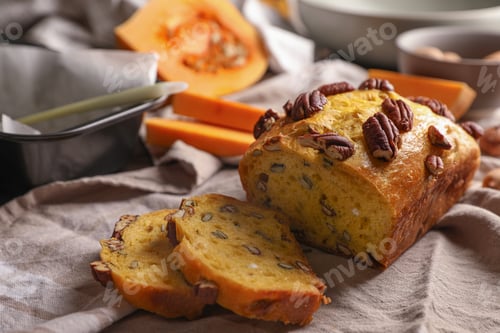 Preview: Delicious pumpkin bread with pecan nuts on tablecloth, closeup