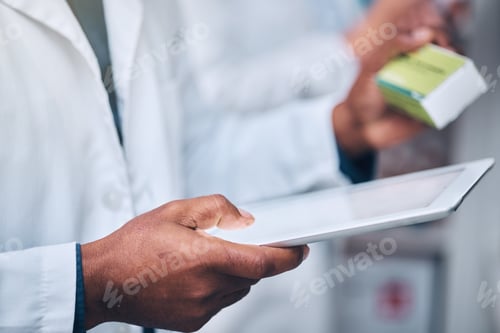 Preview: Healthcare, hands and pharmacist with tablet and medicine checking prescription online in pharmacy