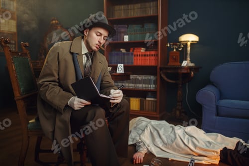 Preview: Male detective with cigar writes in notebook