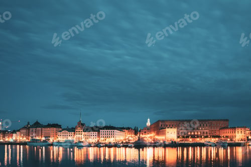 Preview: Stockholm, Sweden. Scenic Famous View Of Embankment In Old Town Of Stockholm In Night Lights. Great