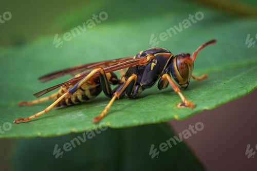 Preview: Wasp perched atop a lush green foliage, with its slender legs delicately placed on the surface