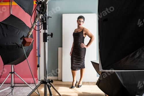 Preview: Glamorous Drag Queen Portrait in Studio With Lighting Equipment Capturing Queer Beauty
