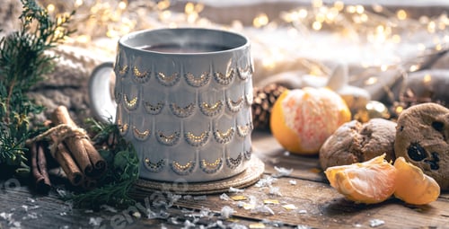 Preview: Winter composition with a cup of coffee, cinnamon and cookies.