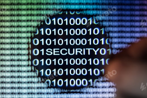 Preview: Word security written in binary code with magnifying glass