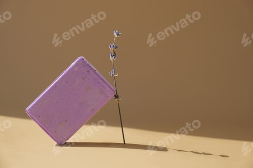 Preview: Lavender soap on beige background with copy space for your text. Advertisement template mock up