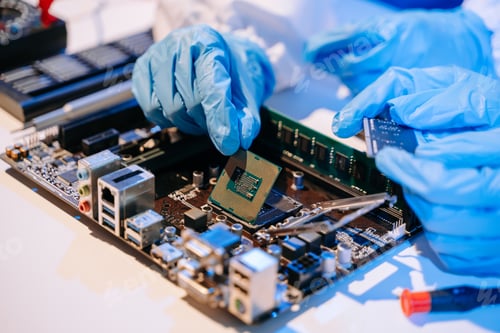Preview: The technician is putting the CPU on the socket of the computer motherboard. electronic engineering