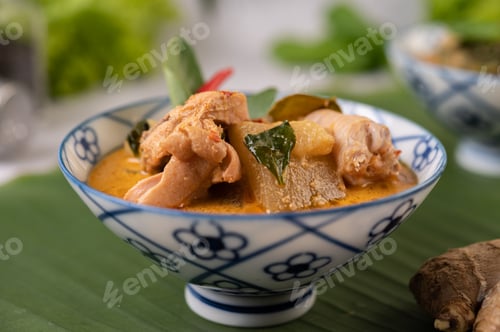 Preview: Chicken curry with Wax gourd in a ceramic cup.