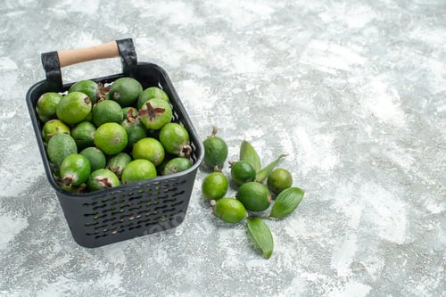 Preview: bottom view fresh feykhoas in basket on grey background free space