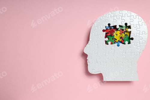 Preview: Puzzle head on pink background, space for text