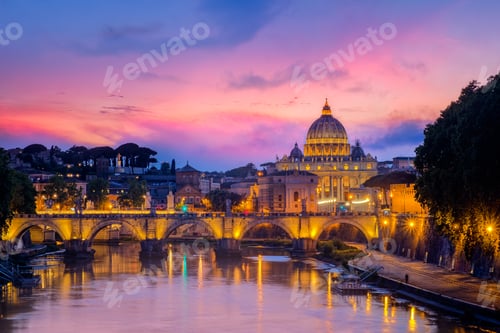 Preview: Famous cityscape view of St Peters basilica in Rome at sunset