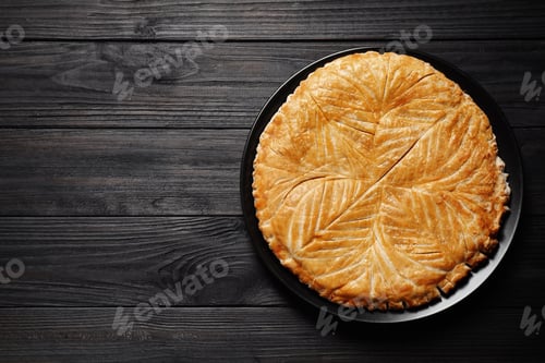 Preview: Traditional galette des rois on black wooden table, top view. Space for text
