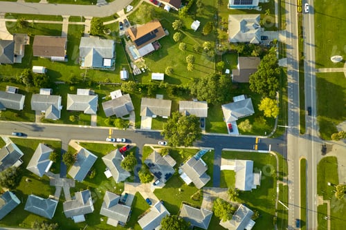 Preview: Aerial view of small town America suburban landscape with private homes