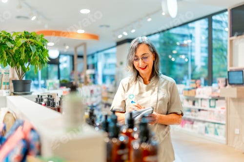 Preview: Female pharmacist checking products in the store