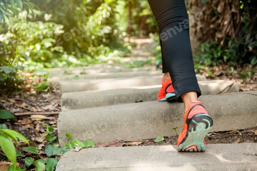 Preview: Young athletic woman running on forest trail