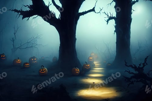 Preview: A picture of a spooky, foggy Halloween woodland filled with pumpkin jack-o-lanterns