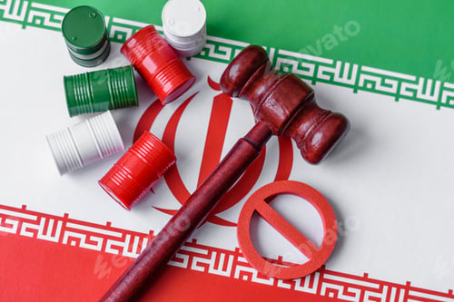Preview: Barrels of oil, gas, or chemicals bearing the Iranian flag and a ban sign. Barrels of Iranian oil