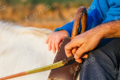 Preview: Boy with disabilities riding horse at equestrian center with male instructor.